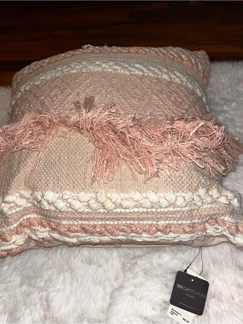 Magaschoni Pink and Cream Boho Textured Fringe Accent Pillow